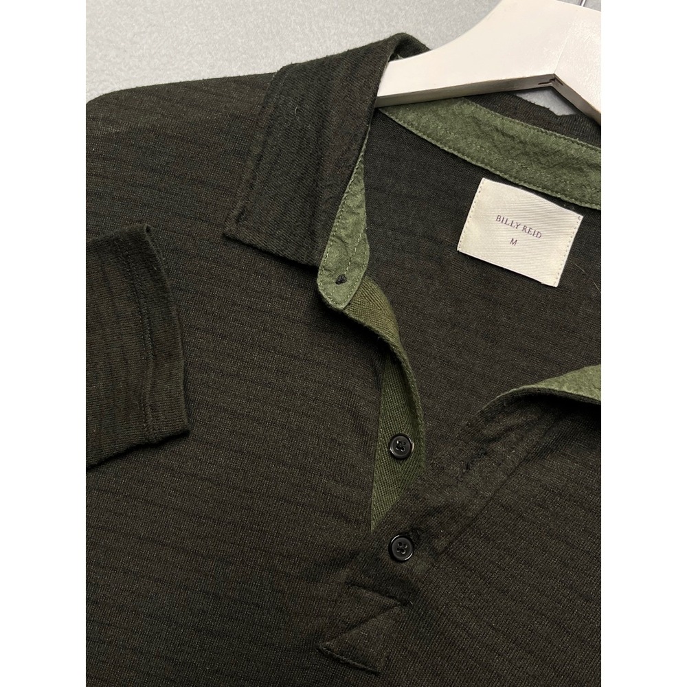 Billy Reid Polo Shirt Mens M Olive Green Black Contrast Collar Slub Knit EUC